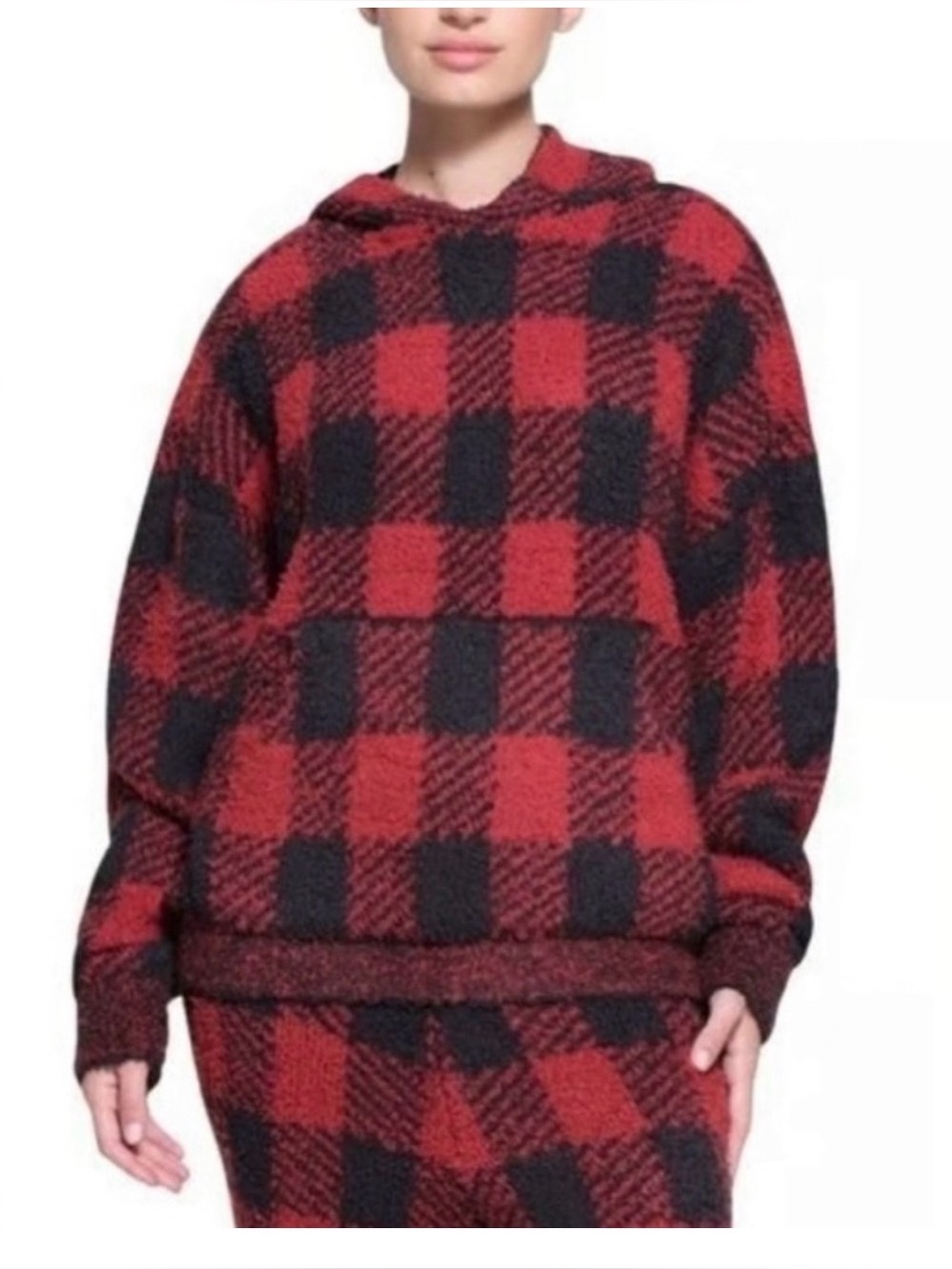 NWT SKIMS Cozy Knit Hoodie Red and Black Brick Buffalo Check Oversized Size S/M